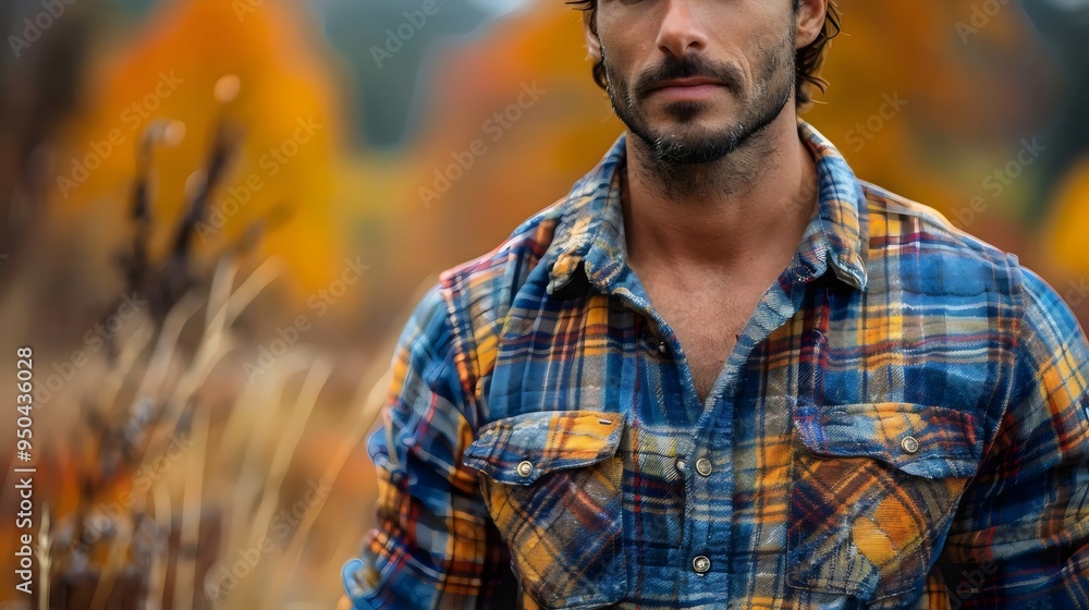 Wall mural smiling man with stylish shirt, posing confidently outdoors