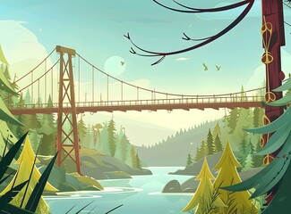 Fototapeta premium Beautiful Illustration of a Suspension Bridge Over a River
