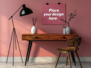 Midcentury Modern Home Office with Pink Wall Wooden Desk and Mockup Poster