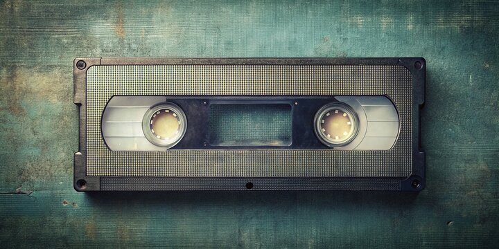 Retro-style VHS cassette tape mockup with blank label and transparent plastic casing against a distressed textured background, evoking nostalgic 80s and 90s video memories.