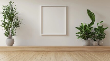 Minimalist Interior with Plants and a Blank Frame on a Light Background Focus on the Empty Frame and Wooden Floor with Potted Greenery