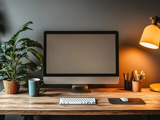Warm Desk Glow A HighAngle View of a Clean Workspace with a Computer Keyboard Mouse and a Plant