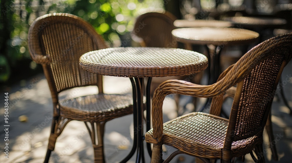 Poster rustic charm in a cafe setting: close-up of wicker and metal bistro chairs and tables against plain 