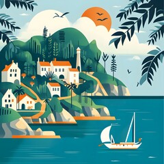 Summer Coastal Village Illustration