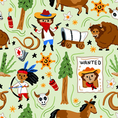 Bright cheerful children seamless vector pattern with American western cowboy from wild west rural Landscape. Childish background. Wild West. Texas. Cheerful characters with animals and plants.