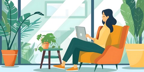 Woman Working on Laptop in a Cozy Living Room with Plants