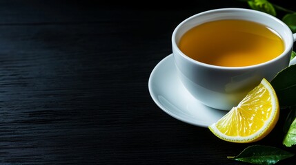Cup of green tea with a lemon wedge on the side, rich in antioxidants, brain-stimulating beverage