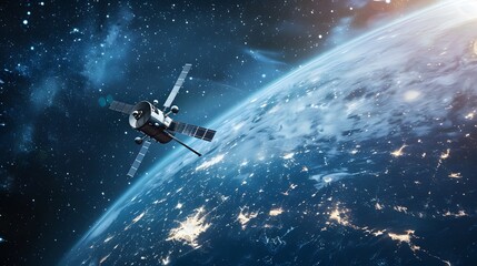 Obraz premium Satellite Orbiting Earth: A satellite orbiting Earth, with the planet and stars in the background. 