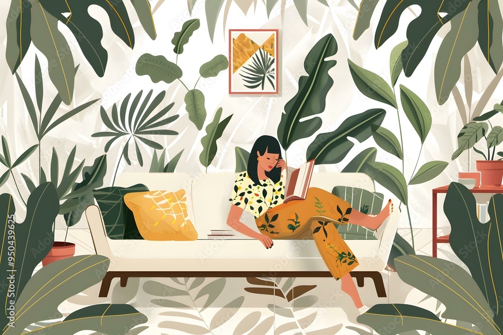 Wall mural woman reading a book on a sofa surrounded by plants