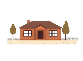 Simple Cartoon Illustration of a Brick House with a Brown Roof and Trees on a White Background