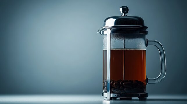 Aromatic French Press Coffee: Close-up of a French press coffee maker filled with freshly brewed coffee on a simple background.