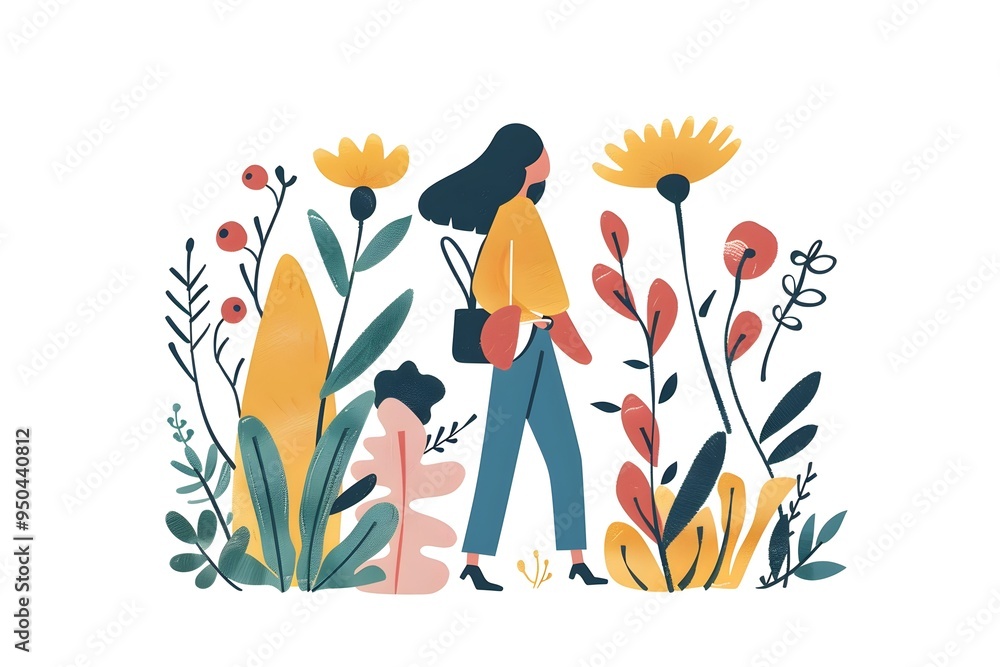 Sticker Woman Walking Through Flower Garden Illustration