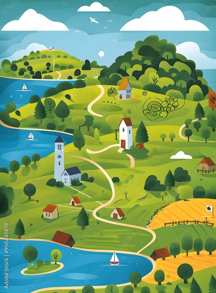 Poster Illustrated Landscape with Houses, Trees, and a Winding River