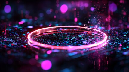 Search engine optimization, floating hologram interface, high-tech digital landscape, vivid neon colors