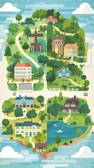 Illustrated Map of a Small Town with Houses and a Lake