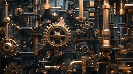 Fototapeta premium Intricate machinery steampunk workshop brass instruments gears vintage industrial copper tones