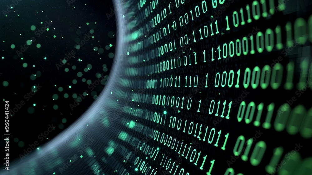 Poster text overlay of binary code, green digits on black, futuristic design, 3d illustration
