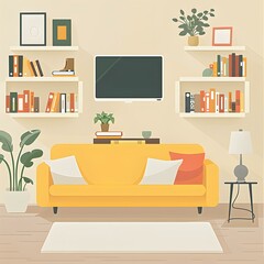 Minimalist Living Room Illustration with Yellow Sofa and Bookshelf