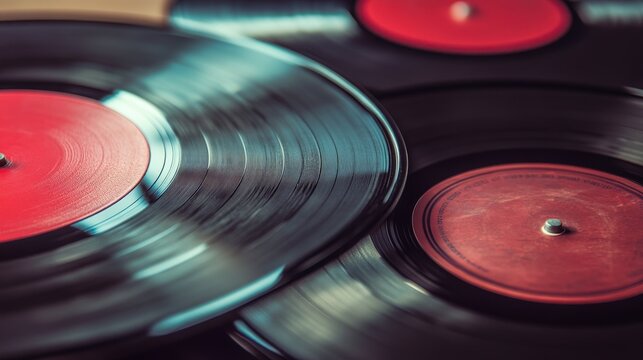 Melodic Nostalgia: Vibrant Close-Up of Classic French Music Vinyl Records featuring Edith Piaf and Charles Aznavour on Neutral Background