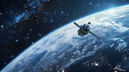 Satellite Orbiting Earth: A satellite orbiting Earth, with the planet and stars in the background.
