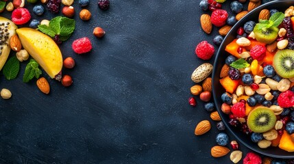 Colorful plate of mixed fruits and nuts, brain-stimulating snack, healthy and natural energy boost