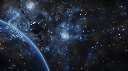 Satellite Orbiting Earth: A satellite orbiting Earth, with the planet and stars in the background.
