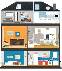 Interior Design Illustration of a Modern House with Different Rooms
