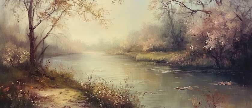 Riverbank in the 17th Century - Vintage Art. AI generated illustration