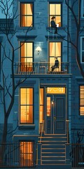 Night View of an Apartment Building with Two People