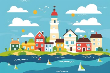 Colorful Illustration of a Coastal Town with Lighthouse