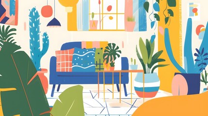 Fototapeta premium Colorful Illustration of a Living Room with Plants and a Couch