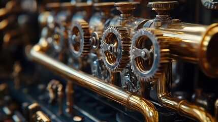 Fototapeta premium Steampunk-inspired workshop gears brass instruments intricate machinery vintage industrial brass tones