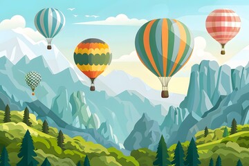 Obraz premium Hot Air Balloons Flying Over Mountains Landscape Illustration