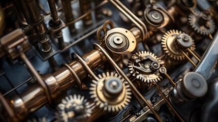 Steampunk-inspired workshop gears brass instruments intricate machinery vintage industrial brass tones