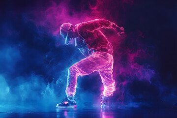 Man in bright clothes dancing hip-hop isolated on dark background in mixed neon light