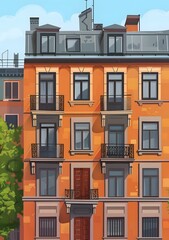 Obraz premium Orange Brick Building With Many Windows And Balconies