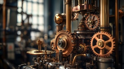 Fototapeta premium Gears brass instruments intricate machinery steampunk workshop vintage industrial copper tones