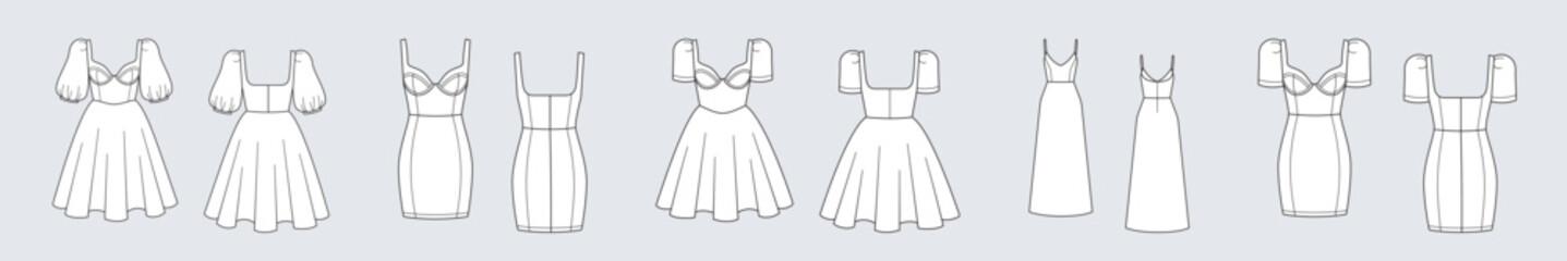 Female modern dress. Set of female vector template isolated on a grey background. Front and back view. Outline fashion technical sketch of clothes model. © Fanast