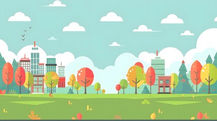 Fototapeta premium Autumn Landscape With City Skyline and Trees
