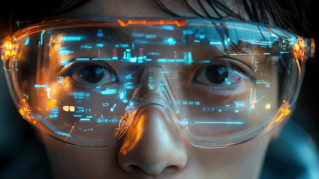 Futuristic close-up of a person wearing augmented reality glasses with digital holographic interface overlay in vibrant colors, VR and  AI