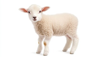 Fototapeta premium A charming lamb gazes curiously at the camera against a soft white background in a captivating full-body shot