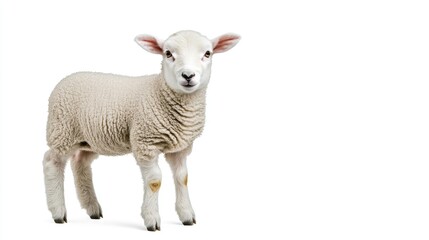 Fototapeta premium A charming lamb gazes curiously at the camera against a soft white background in a captivating full-body shot