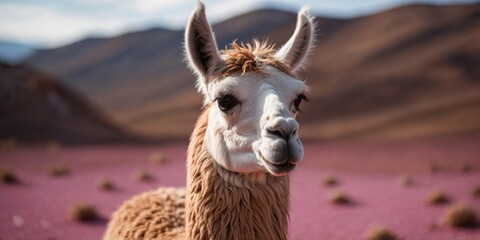 Obraz premium A close-up shot of a llama standing on a bright pink surface.