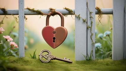 A heart-shaped padlock on a fence with a key