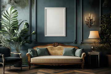 Rustical apartment with old furniture and plants, mockup with one white photo frame in the background, soft lighting