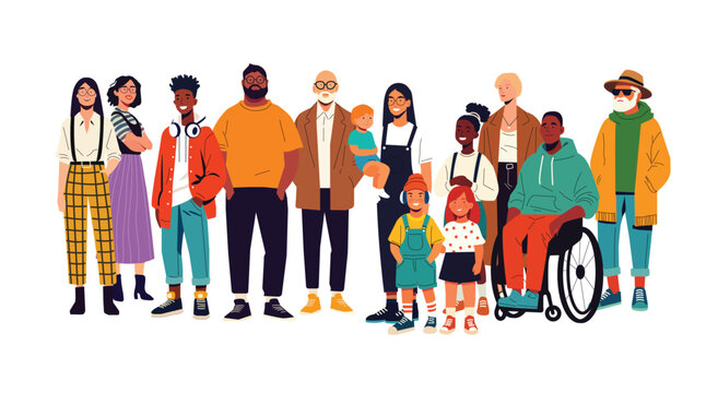 Portrait of diverse people standing together. Selection of old, coloured, disabled and different persons. Social diversity, relationship, human resorces. isolated vector flat illustration.