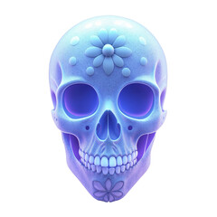 Obraz premium Illustration of a skull, on an isolated white background, decorated in Día de los Muertos style, with blue color design and floral motifs on the forehead and chin