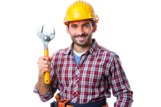 Construction safety helmet and tool belt holding wrench isolated on a white background