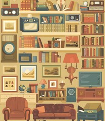 Vintage Living Room Interior With Bookshelves And Furniture