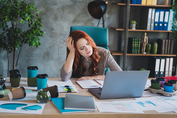 Photo of depressed unhappy lady specialist dressed shirt having working problem modern device...